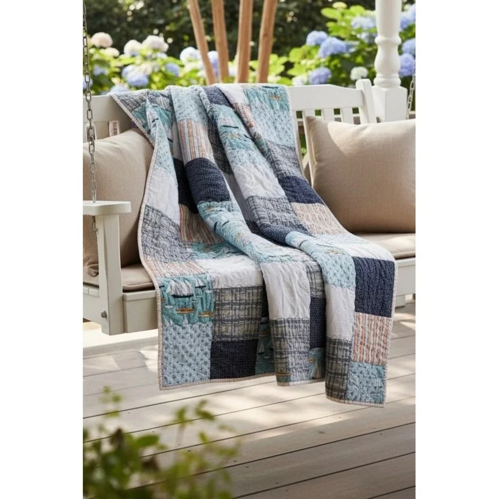 Handmade Nautical Sailboat Quilt Blue Coastal Patchwork 44x36